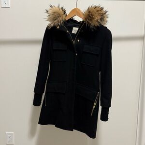 SAM. Black Pea Coat with Tan Faux Fur Hood